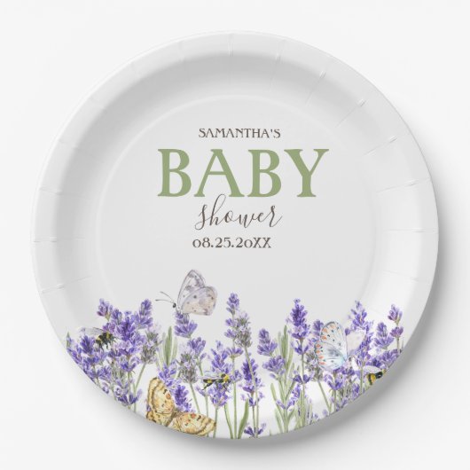 Assiettes En Carton Baby shower botanique des papillons Lavander (Devant)