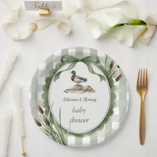 Assiettes En Carton Baby-Shower Canard Gingham Sauge