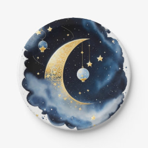 Assiettes En Carton Baby shower céleste Lune et étoiles Aquarelle