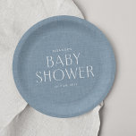 Assiettes En Carton Baby shower chambray bleu mignon simple<br><div class="desc">Jetez la célébration parfaite avec cette adorable plaque de papier baby shower personnalisée bleu cambray. Ce design est composé d'une typographie simple classique que vous pouvez personnaliser avec le nom, la date ou d'autres textes et aussi d'un arrière - plan bleu clair doux qui a l'air de cambray (s'il vous...</div>