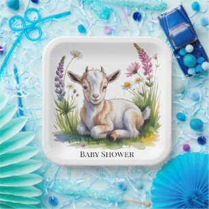 Assiettes En Carton Baby Shower Chevreau à l'aquarelle avec Fleurs Sau