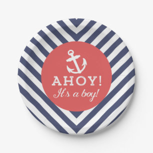 Assiettes En Carton Baby shower Chevron Marine et Red Nautical