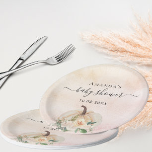 Assiettes En Carton Baby shower citrouille rose or crème brush
