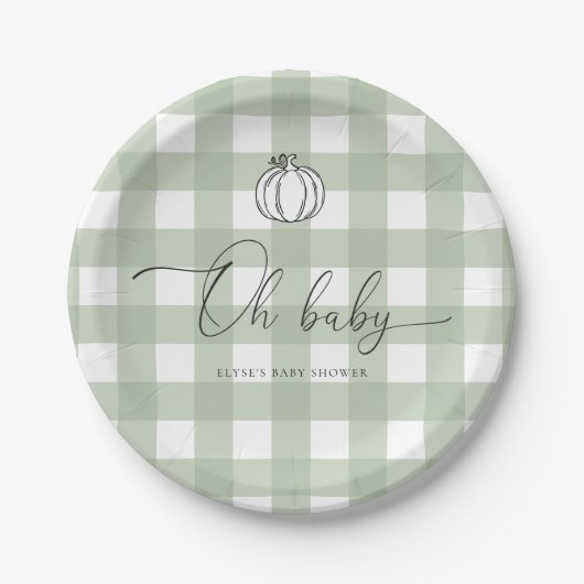 Assiettes En Carton Baby shower Citrouille Sage Green En vichy (Devant)