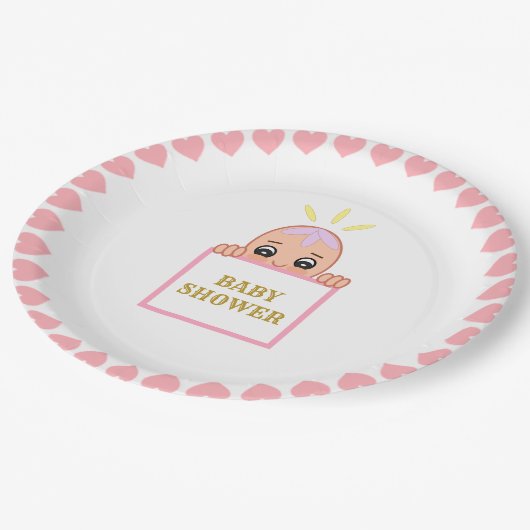 Assiettes En Carton Baby shower Coeurs roses mignons (Angle)
