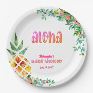 Assiettes En Carton Baby shower d'Aloha à la flore tropicale d'ananas