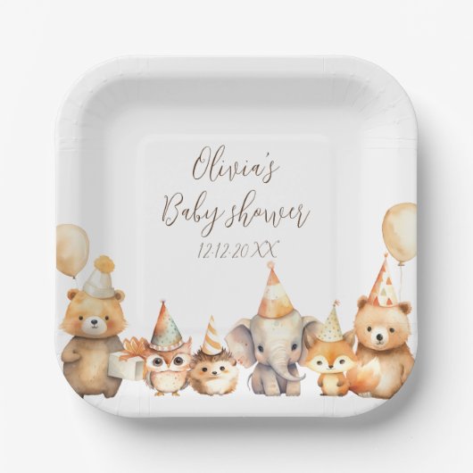 Assiettes En Carton Baby shower d'animaux d'aquarelle neutre pour le g (Recto)