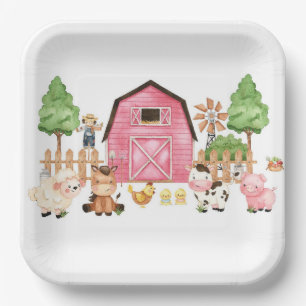 Assiettes En Carton Baby shower d'animaux de ferme roses