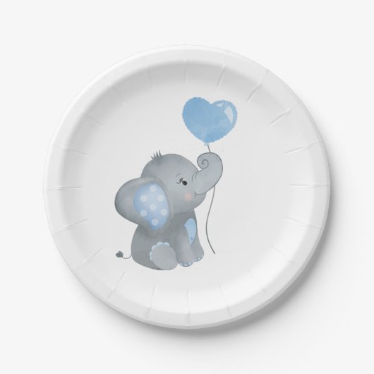 Assiettes En Carton Baby shower d'aquarelle bleu petit éléphant (Devant)