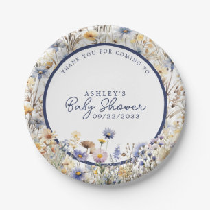 Assiettes En Carton Baby shower d'aquarelle Boho Fleur sauvage bleu