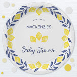 Assiettes En Carton Baby shower d'aquarelle citron personnalisé<br><div class="desc">Cette aquarelle fraîche et amusante citrons citrons design en jaune et bleu zingy capturera l'essence d'une journée ensoleillée heureuse. Idéal pour un brunch baby shower ou un afternoon tea party. Le design citron aquarelle fera sentir à vos invités l'énergie et l'enthousiasme pour l'événement heureux à venir. Modifiez tous les détails...</div>
