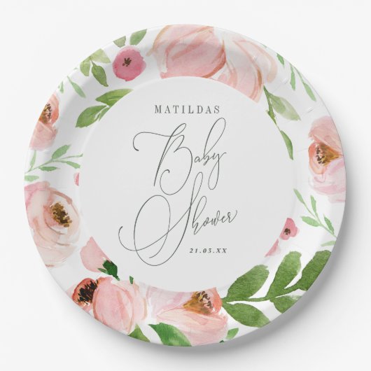 Assiettes En Carton Baby shower d'aquarelle florale (Devant)