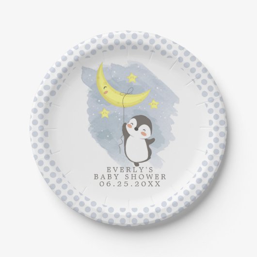 Assiettes En Carton Baby shower d'aquarelle Penguin Moon (Devant)