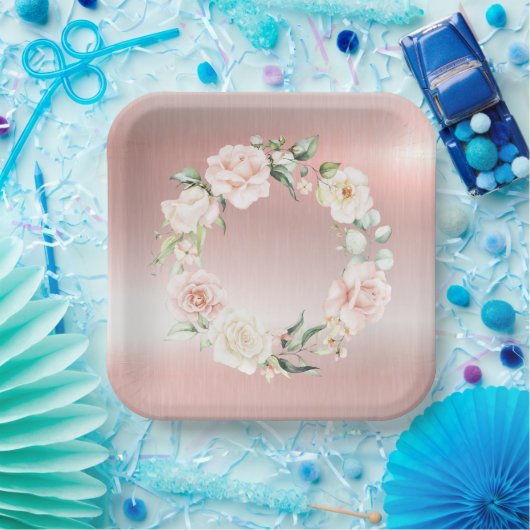 Assiettes En Carton Baby shower d'aquarelle rose métallique flou (Fête)
