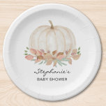 Assiettes En Carton Baby shower d'automne citrouille<br><div class="desc">Cette mignonne plaque en papier baby shower d'automne présente une aquarelle blanche citrouille et un feuillage pastel doux. Parfait pour un baby shower sans distinction de genre. Facile à personnaliser. Parce que nous créons notre oeuvre,  vous ne trouverez pas cette image exacte d'autres designers. Aquarelle originale © Michele Davies.</div>