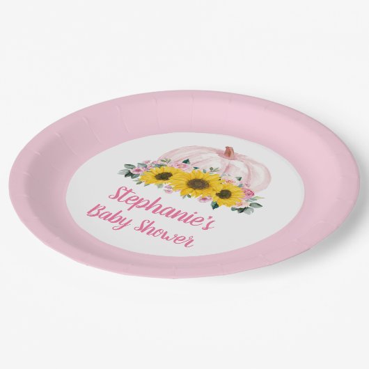 Assiettes En Carton Baby shower d'automne citrouille de tournesol rose (Angle)