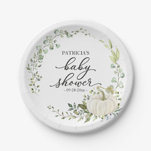 Assiettes En Carton Baby shower d'automne Citrouille Eucalyptus vert (Devant)