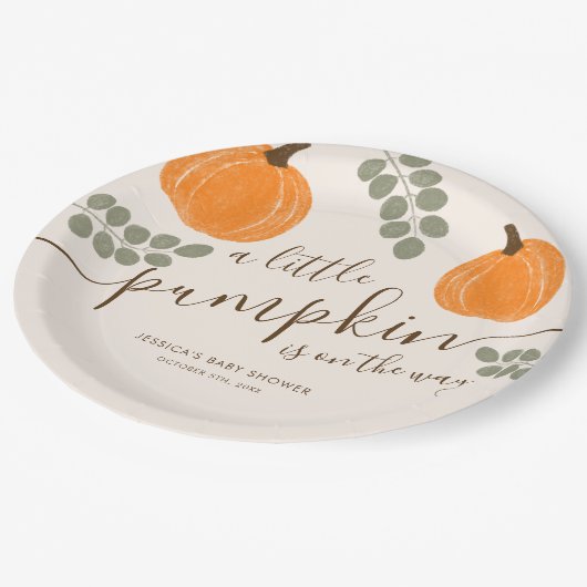 Assiettes En Carton Baby shower d'automne Citrouille mignon Eucalyptus (Angle)