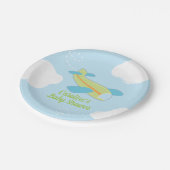 Assiettes En Carton Baby shower d'avion rétro en bleu et vert (Angle)