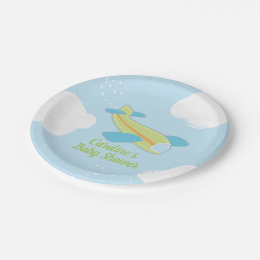 Assiettes En Carton Baby shower d'avion rétro en bleu et vert (Angle)