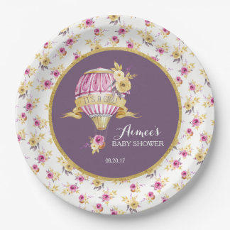 Assiettes En Carton Baby shower de ballon à air chaud rose+or personna
