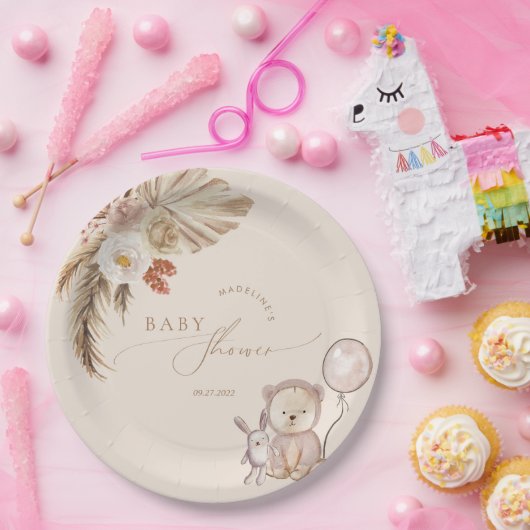 Assiettes En Carton Baby shower de ballon d'ours à herbe Boho Pampas (Fête)