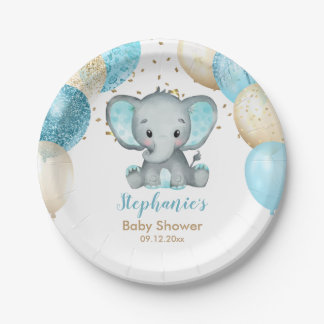 Assiettes En Carton Baby shower de Ballons d'or Turquiose Eléphant