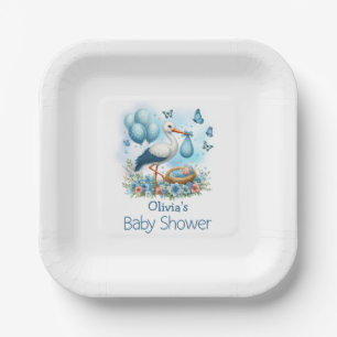 Assiettes En Carton Baby shower de bébé en cigogne bleue