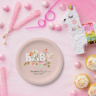 Assiettes En Carton Baby shower de calligraphie florale Retro Pink Bab