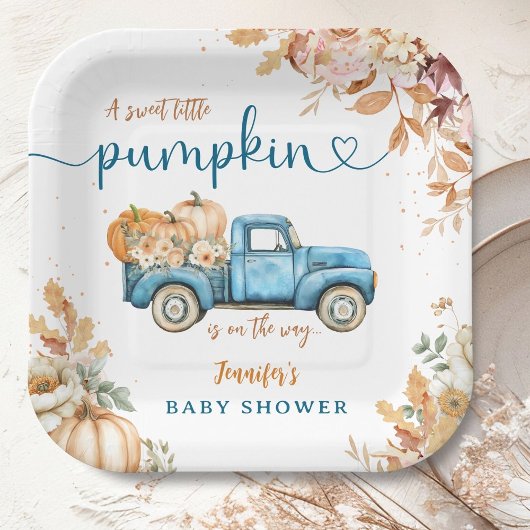 Assiettes En Carton Baby shower de camion Citrouille bleu automne auto
