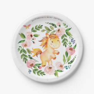 Assiettes En Carton Baby shower de Cheval rose pâle à la florale douce