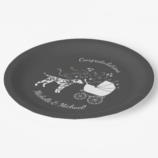Assiettes En Carton Baby shower de Chien Dalmatien gris chiot (Angle)