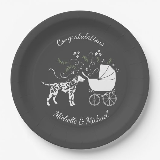 Assiettes En Carton Baby shower de Chien Dalmatien gris chiot (Devant)