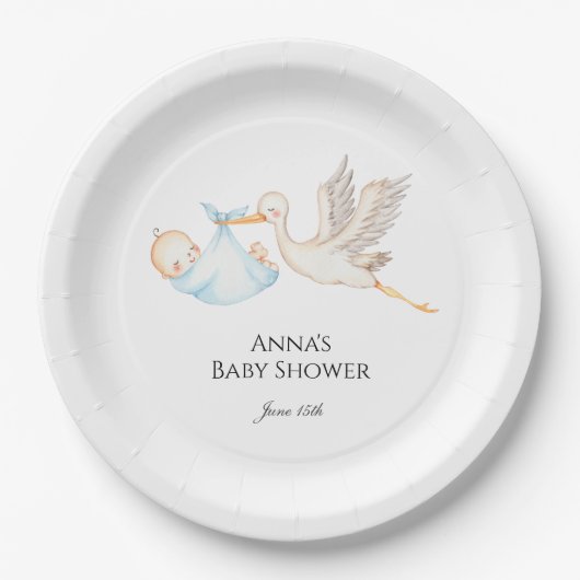 Assiettes En Carton Baby shower de cigogne pour bébé bleu (Devant)