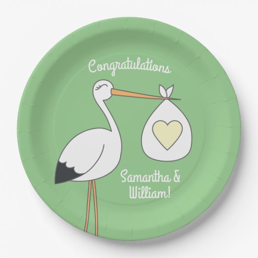 Assiettes En Carton Baby shower de cigogne vert (Devant)