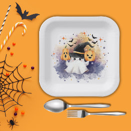 Assiettes En Carton Baby shower de Citrouille de fantôme à l'aquarelle