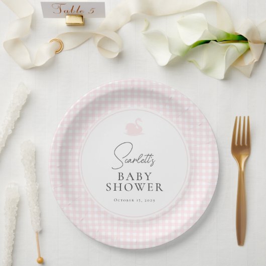 Assiettes En Carton Baby shower de cygne rose En vichy moderne (Mariage)