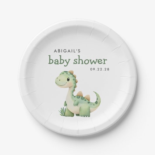 Assiettes En Carton Baby shower de dinosaure vert mignon (Devant)