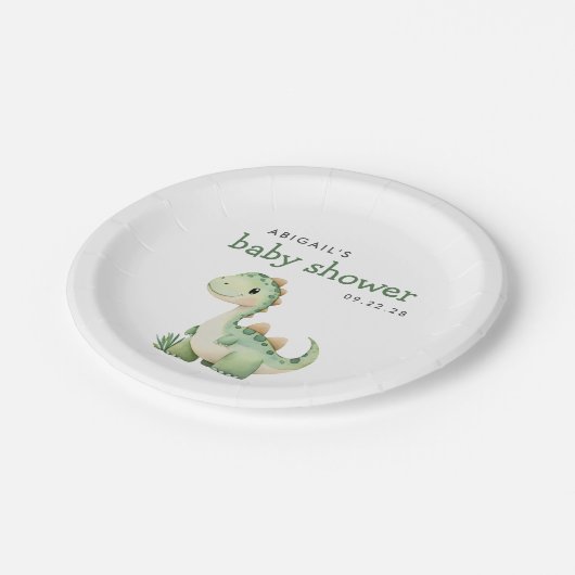 Assiettes En Carton Baby shower de dinosaure vert mignon (Angle)