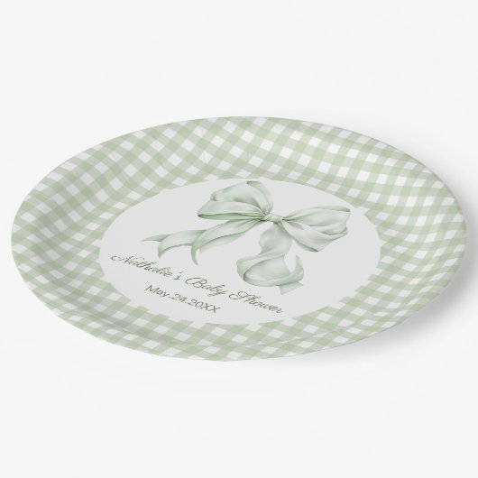 Assiettes En Carton Baby shower de En vichy Sage Green Bow (Angle)