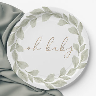 Assiettes En Carton Baby shower de feuille d'eucalyptus neutre pour le
