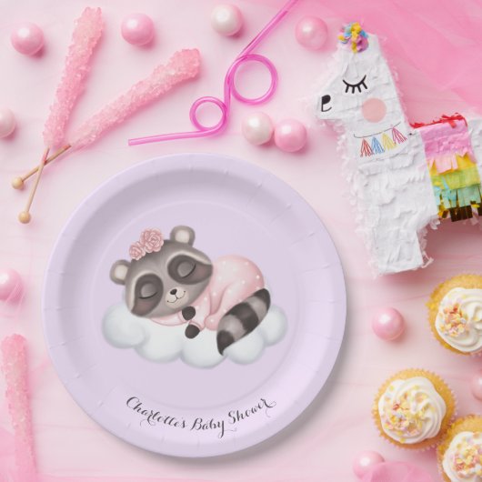 Assiettes En Carton Baby shower de fille animale au raton laveur doux (Fête)