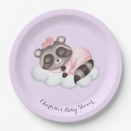 Assiettes En Carton Baby shower de fille animale au raton laveur doux (Devant)