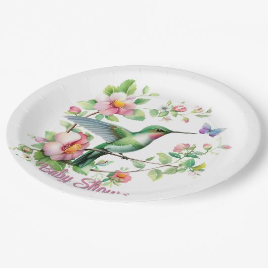 Assiettes En Carton Baby shower de fille aux colibris et aux papillons (Angle)
