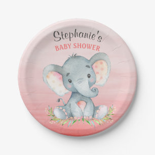 Assiettes En Carton Baby shower de fille d'éléphant d'aquarelle