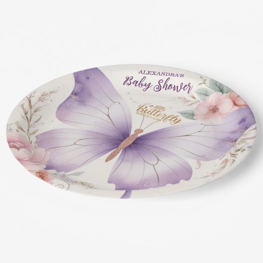 Assiettes En Carton Baby shower de fille papillon rose violet (Angle)