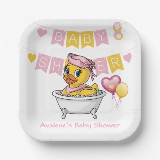 Assiettes En Carton Baby shower de filles en caoutchouc rose et jaune (Recto)