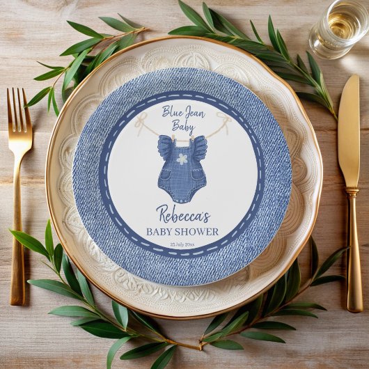 Assiettes En Carton Baby shower de filles en jean bleu personnalisé