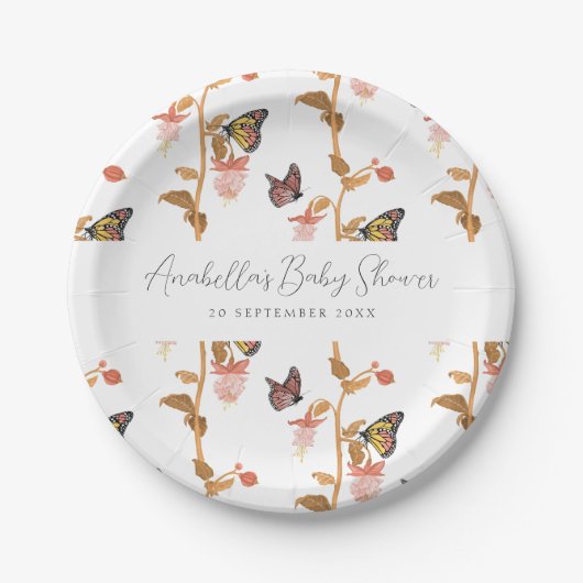 Assiettes En Carton Baby shower de filles papillon rose moderne Boho (Devant)