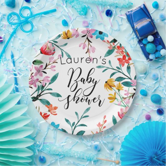 Assiettes En Carton Baby shower de fleurs d'aquarelle (Fête)